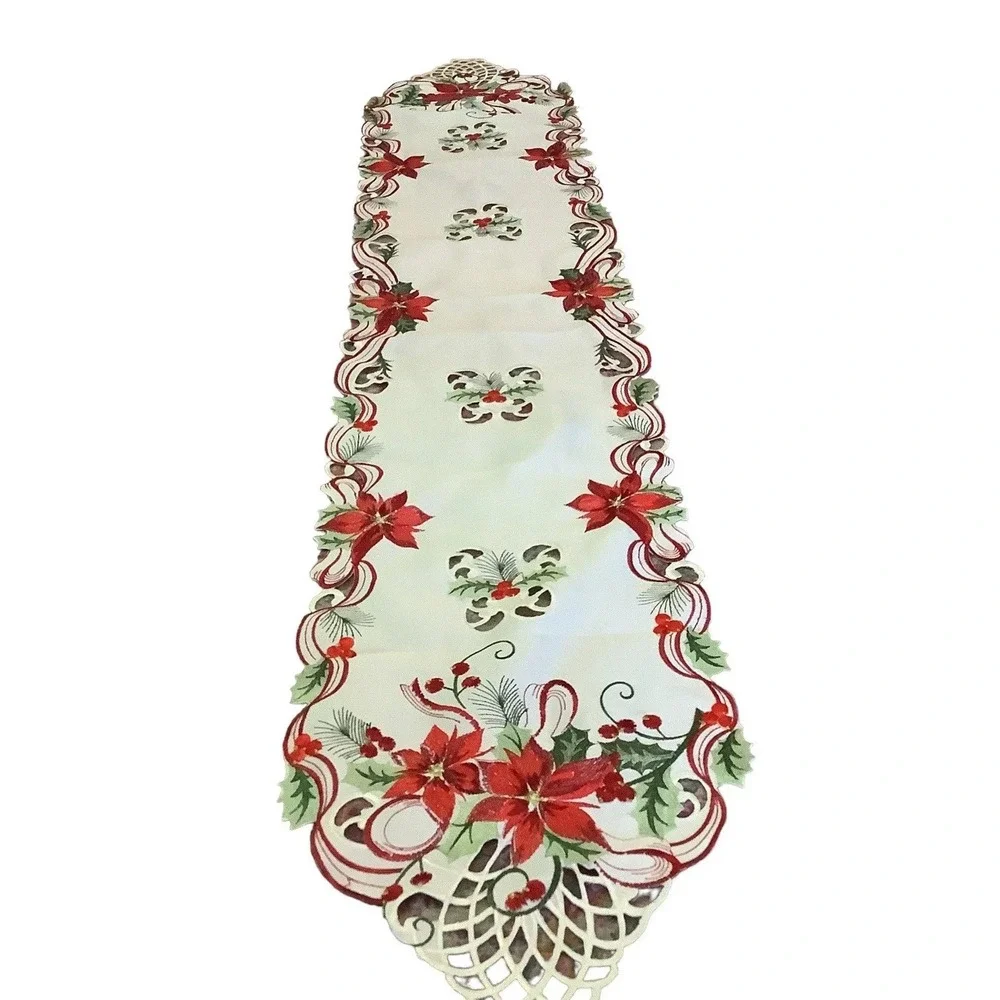 Christmas Table Runner 67x13 Poinsettia Holly Embroidered Cutwork Ivory Red